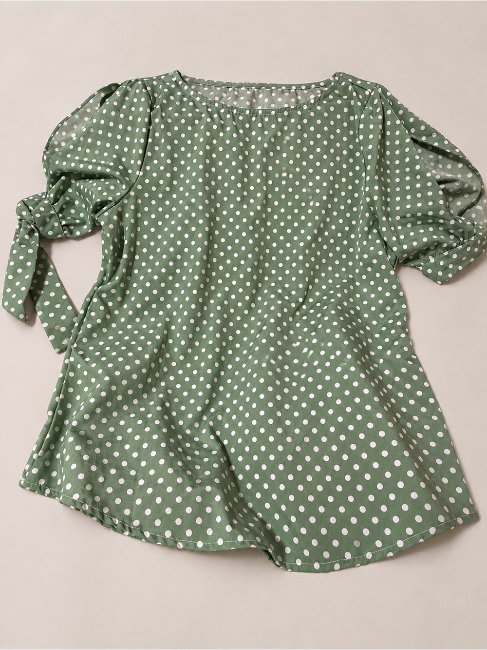 Women's Sage Green Polka Dot Puff Sleeve Blouse with Tie Open Detail On Sleeve
